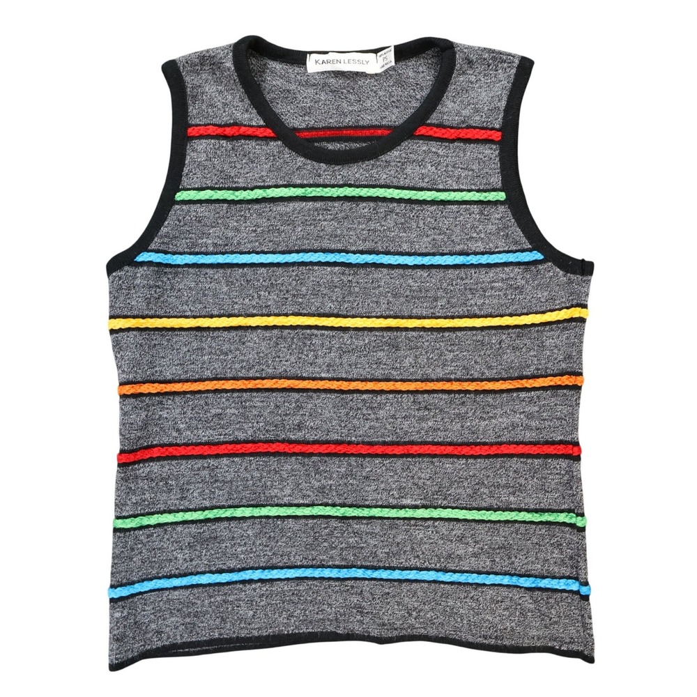 Karen Lessly Knit Tank Top Women PS Gray Excellent Rainbow‎ Striped Sleeveless